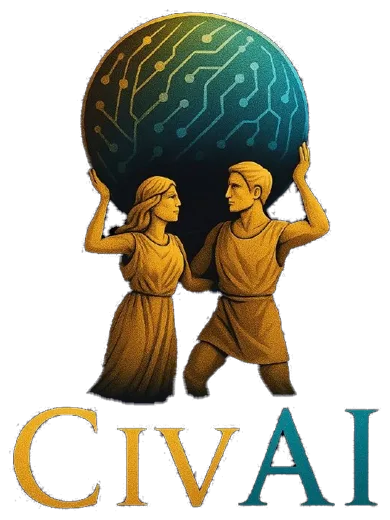 Logo van CivAI, twee figuren die samen een wereldbol met een printplaatpatroon dragen
