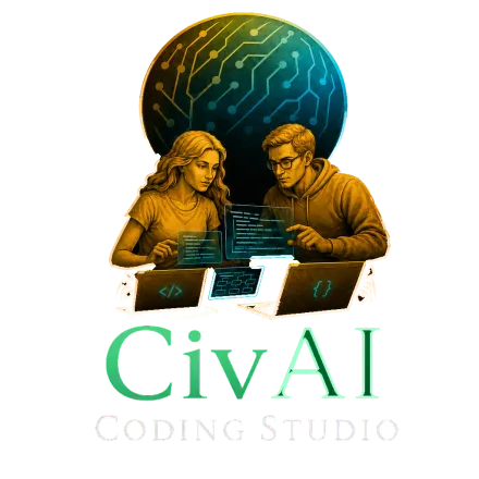 Logo van CivAI Coding Studio, twee figuren die samen aan laptops werken onder een wereldbol met een printplaatpatroon