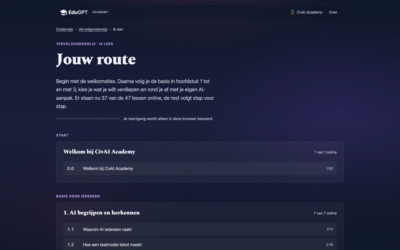 Route page for further education at CivAI Academy